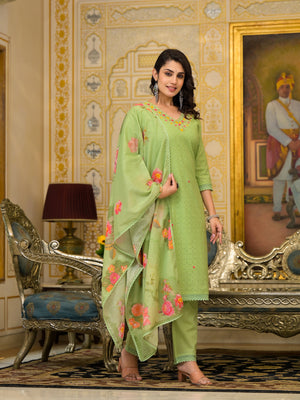 Zari Threadwork Cotton Schiffli Kurta Solid Pants and Lace bordered Dupatta
