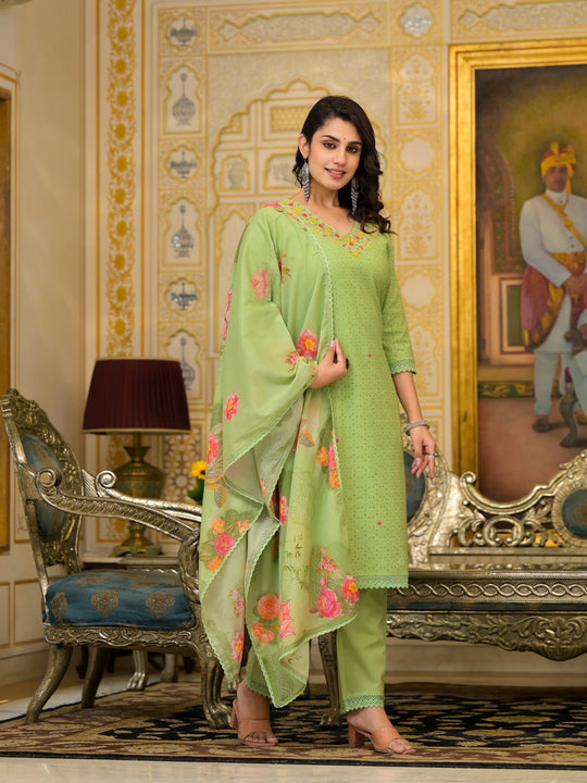Zari Threadwork Cotton Schiffli Kurta Solid Pants and Lace bordered Dupatta