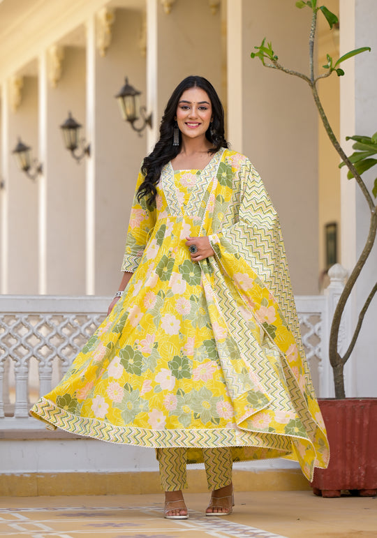 Floral Printed Panelled Beads and Stones Anarkali Kurta With Trouser & Dupatta