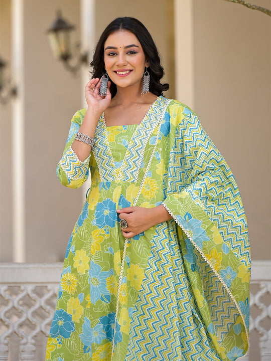 Floral Printed Panelled Beads and Stones Anarkali Kurta With Trousers & Dupatta