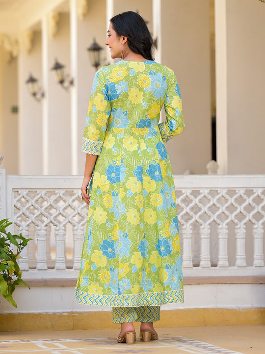 Floral Printed Panelled Beads and Stones Anarkali Kurta With Trousers & Dupatta