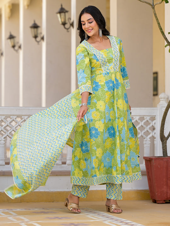 Floral Printed Panelled Beads and Stones Anarkali Kurta With Trousers & Dupatta
