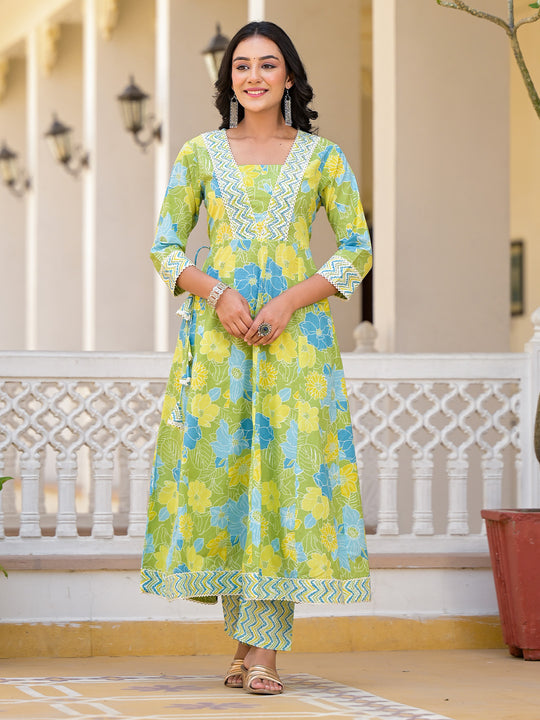 Floral Printed Panelled Beads and Stones Anarkali Kurta With Trousers & Dupatta