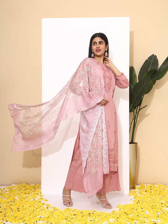 Floral Embroidered Thread Work Pure Cotton Straight Kurta with Palazzos & Dupatta