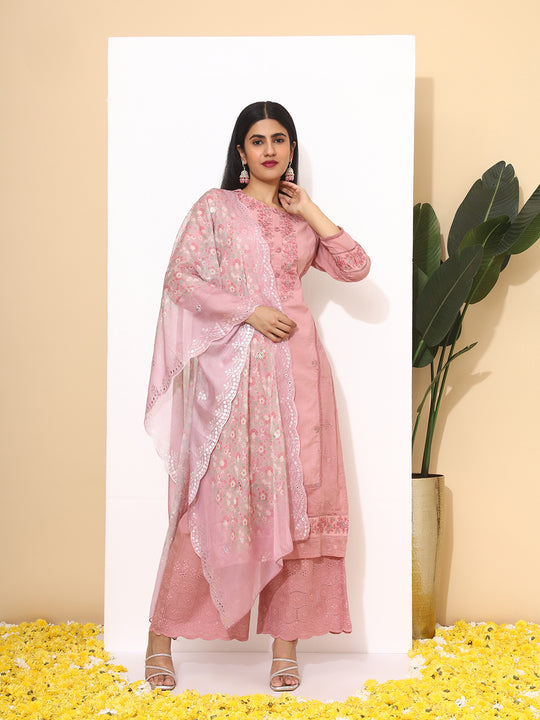 Floral Embroidered Thread Work Pure Cotton Straight Kurta with Palazzos & Dupatta