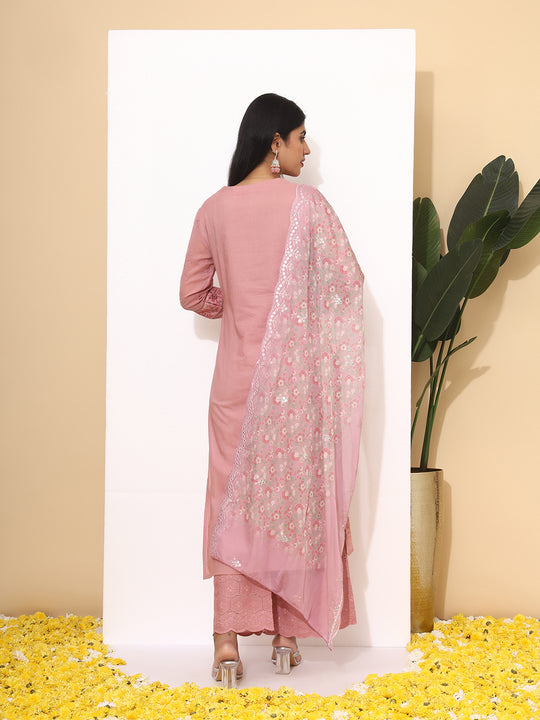 Floral Embroidered Thread Work Pure Cotton Straight Kurta with Palazzos & Dupatta