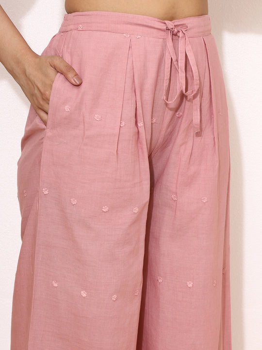 Floral Embroidered Thread Work Pure Cotton Straight Kurta with Palazzos & Dupatta