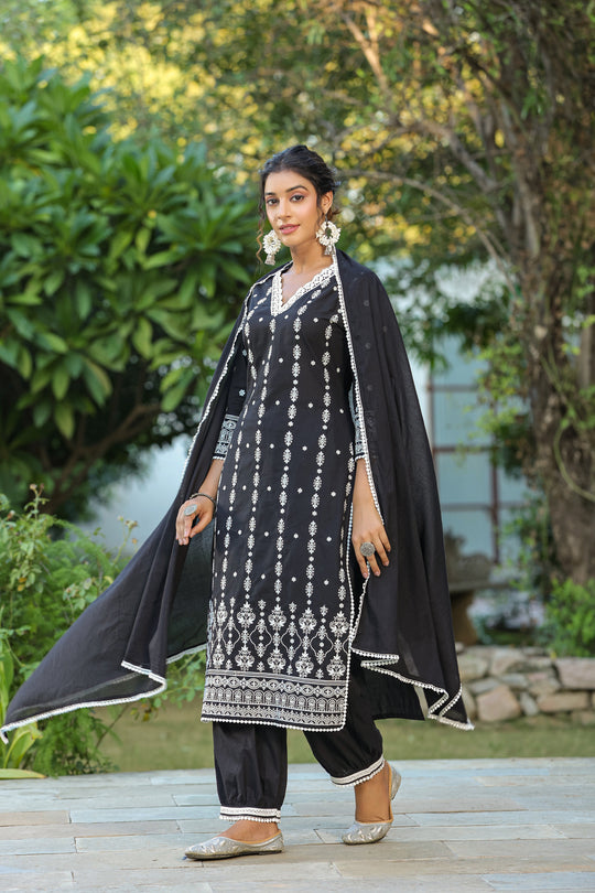 Ethnic Motifs Embroidered Straight Pure Cotton Kurta With Trousers & Dupatta