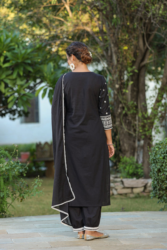 Ethnic Motifs Embroidered Straight Pure Cotton Kurta With Trousers & Dupatta