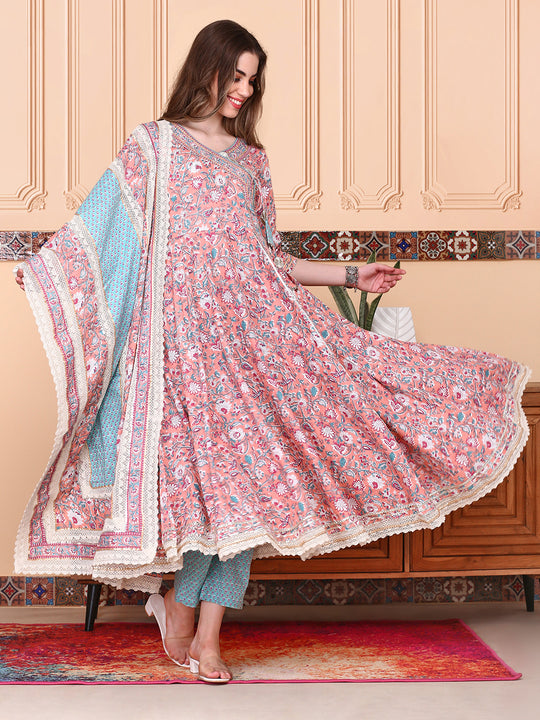 V-Neck Floral Printed Angrakha Pure Cotton Anarkali Kurta with Trousers & Dupatta