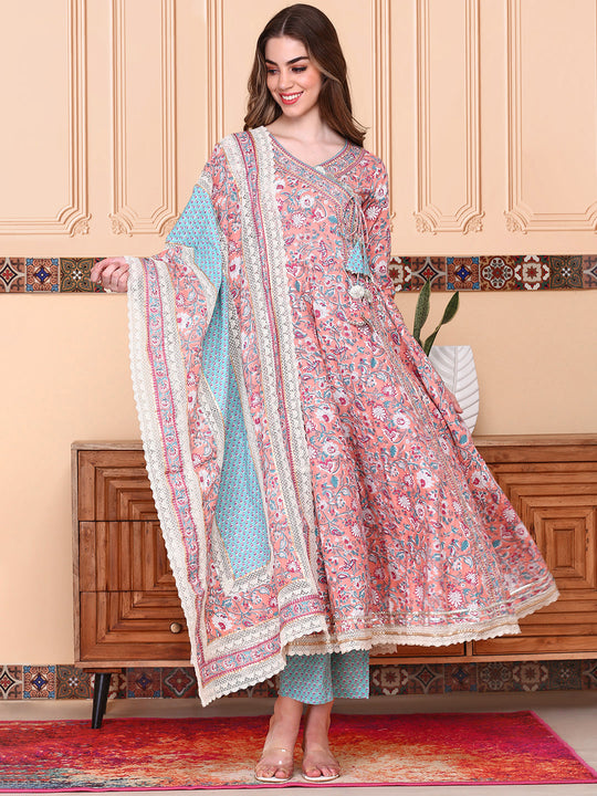 V-Neck Floral Printed Angrakha Pure Cotton Anarkali Kurta with Trousers & Dupatta