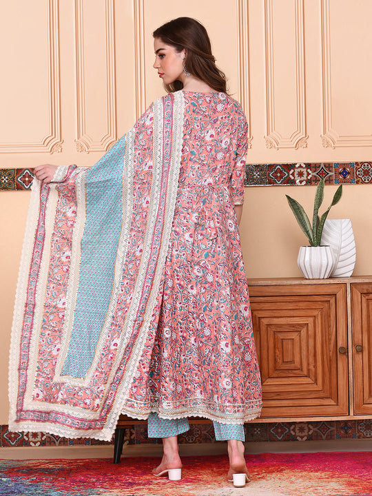 V-Neck Floral Printed Angrakha Pure Cotton Anarkali Kurta with Trousers & Dupatta