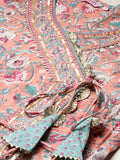 V-Neck Floral Printed Angrakha Pure Cotton Anarkali Kurta with Trousers & Dupatta
