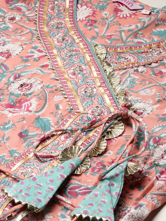 V-Neck Floral Printed Angrakha Pure Cotton Anarkali Kurta with Trousers & Dupatta