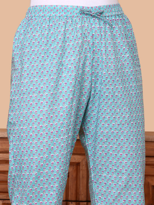 V-Neck Floral Printed Angrakha Pure Cotton Anarkali Kurta with Trousers & Dupatta