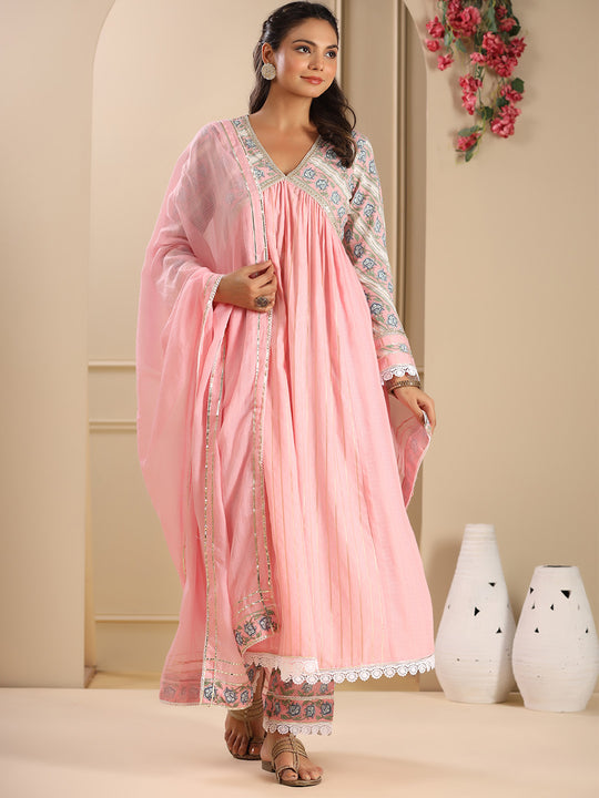 Floral Yoke Design Pleated Empire Kurta with Trousers & Dupatta