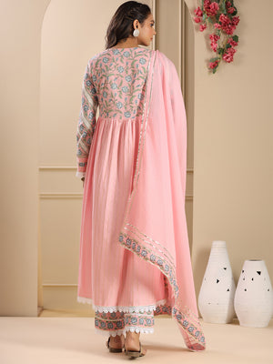 Floral Yoke Design Pleated Empire Kurta with Trousers & Dupatta