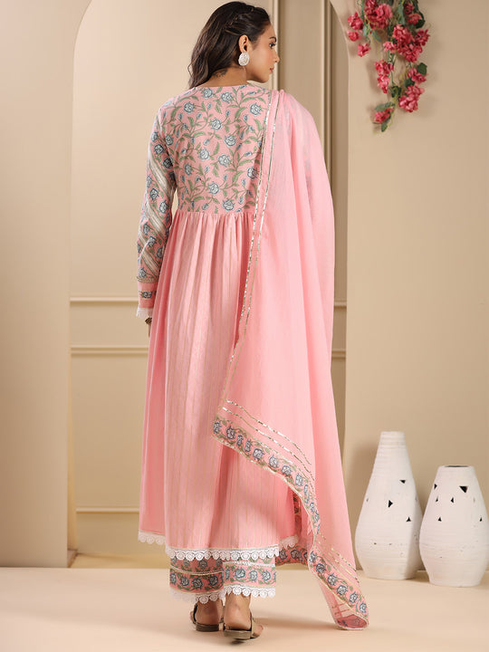 Floral Yoke Design Pleated Empire Kurta with Trousers & Dupatta