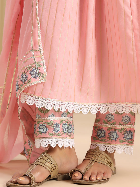 Floral Yoke Design Pleated Empire Kurta with Trousers & Dupatta