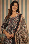 Kalamkari Embellished Cotton Kurta with Afghani Pants & Flowy Mulmul Dupatta