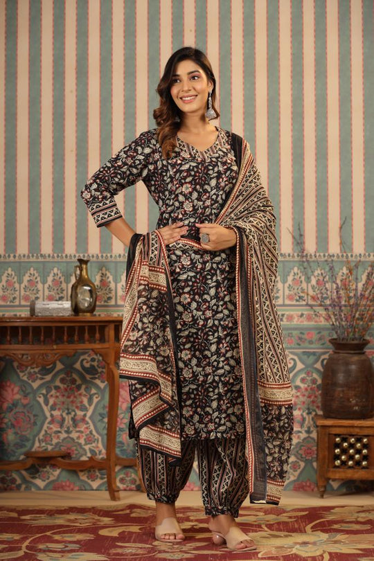 Kalamkari Embellished Cotton Kurta with Afghani Pants & Flowy Mulmul Dupatta