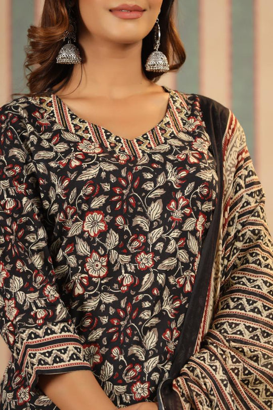 Kalamkari Embellished Cotton Kurta with Afghani Pants & Flowy Mulmul Dupatta