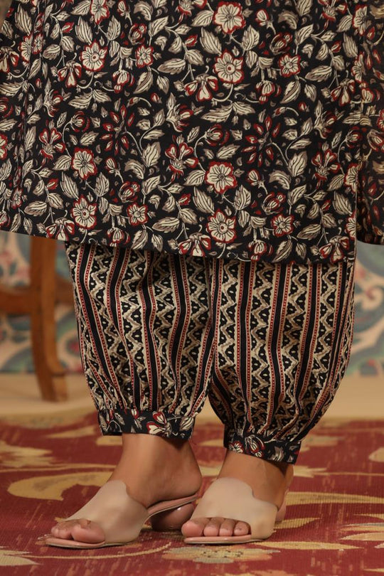 Kalamkari Embellished Cotton Kurta with Afghani Pants & Flowy Mulmul Dupatta