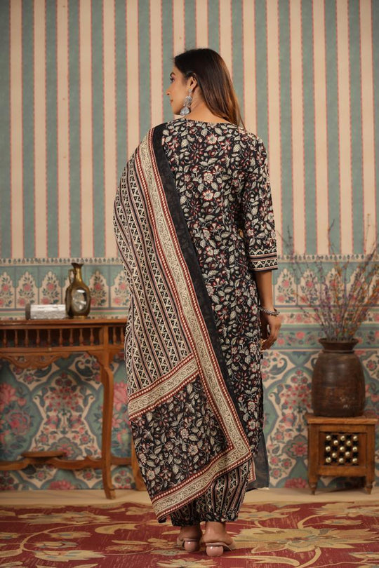 Kalamkari Embellished Cotton Kurta with Afghani Pants & Flowy Mulmul Dupatta