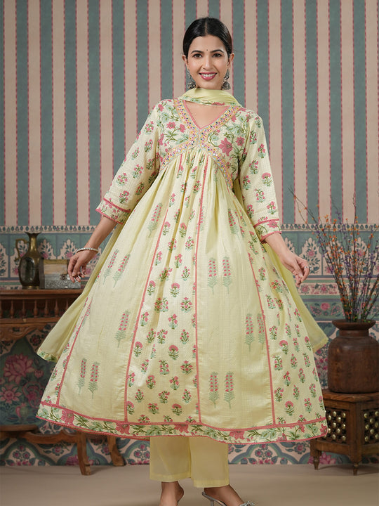 Ethnic Motifs Embroidered Empire Mirror Work Anarkali Kurta With Trousers & Dupatta