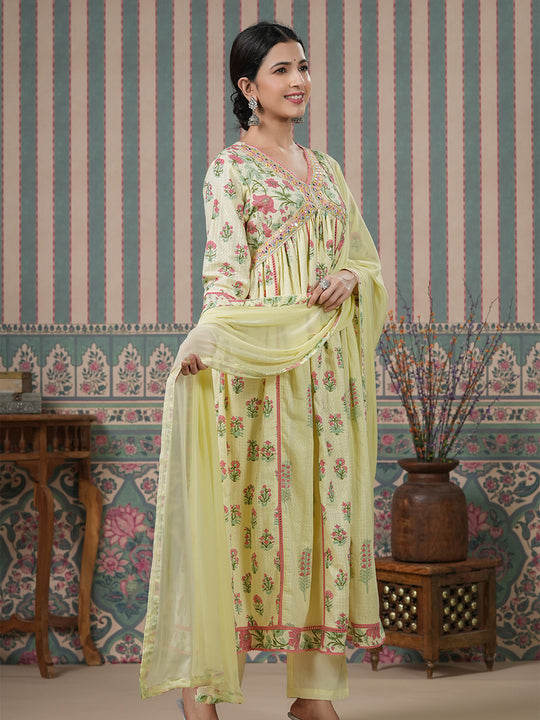 Ethnic Motifs Embroidered Empire Mirror Work Anarkali Kurta With Trousers & Dupatta