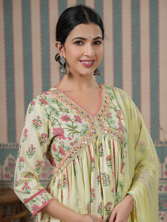 Ethnic Motifs Embroidered Empire Mirror Work Anarkali Kurta With Trousers & Dupatta