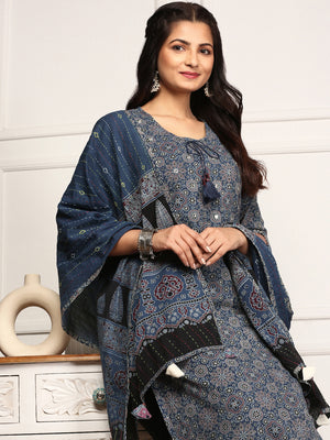 Ajrakh Print Inspired Tie-up Kurta With Trouser & Dupatta
