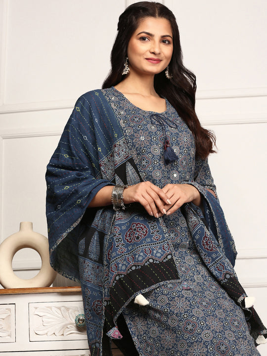 Ajrakh Print Inspired Tie-up Kurta With Trouser & Dupatta
