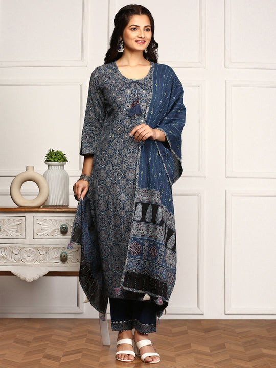 Ajrakh Print Inspired Tie-up Kurta With Trouser & Dupatta