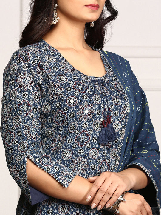 Ajrakh Print Inspired Tie-up Kurta With Trouser & Dupatta