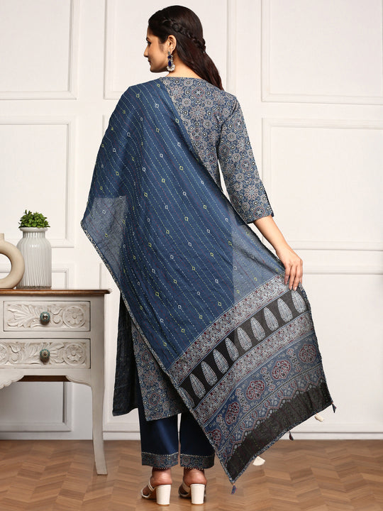 Ajrakh Print Inspired Tie-up Kurta With Trouser & Dupatta