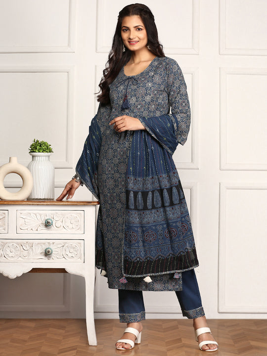 Ajrakh Print Inspired Tie-up Kurta With Trouser & Dupatta