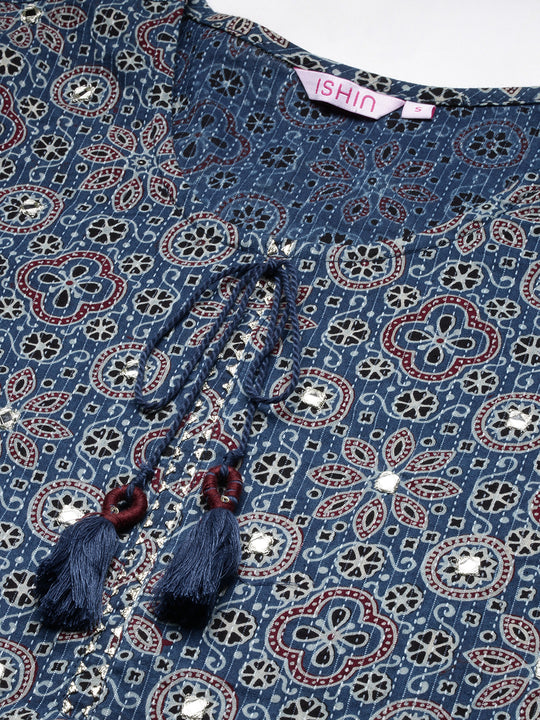 Ajrakh Print Inspired Tie-up Kurta With Trouser & Dupatta
