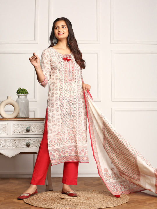 Embellished Ethnic Motifs Printed Tie Up Kurta with Pants And Printed Dupatt