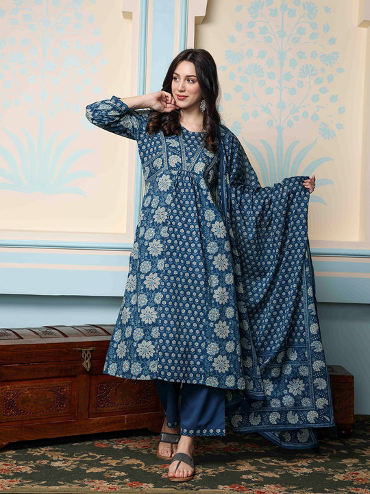 Floral Printed Round Neck Three-Quarter Sleeves Cotton Kurta with Trousers & Dupatta