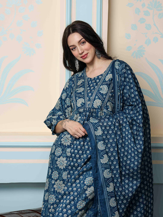 Floral Printed Round Neck Three-Quarter Sleeves Cotton Kurta with Trousers & Dupatta