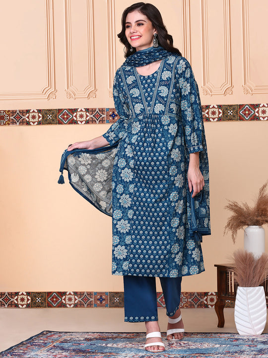 Floral Printed Round Neck Three-Quarter Sleeves Cotton Kurta with Trousers & Dupatta