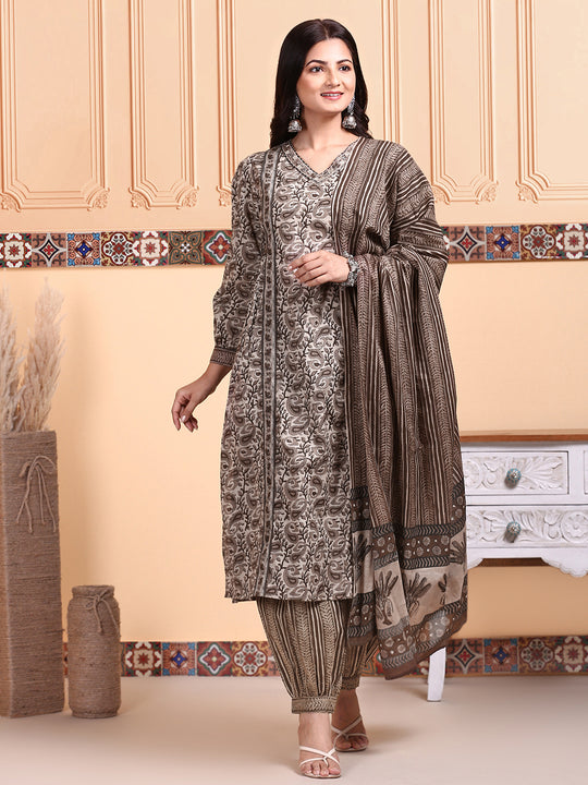 Kalamkari Printed Kurta with Trouser & Dupatta