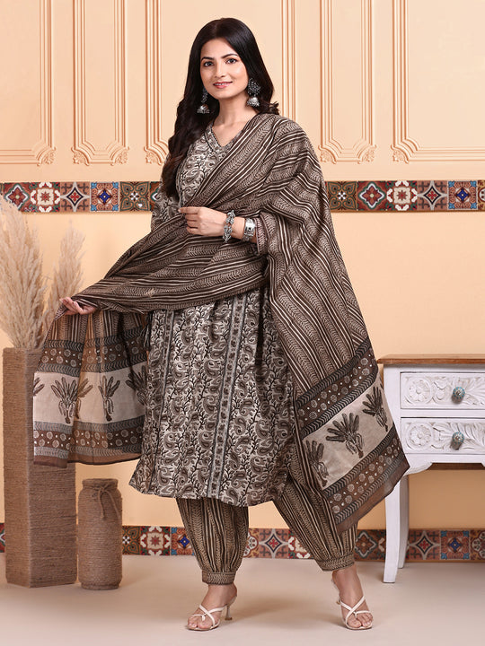 Kalamkari Printed Kurta with Trouser & Dupatta