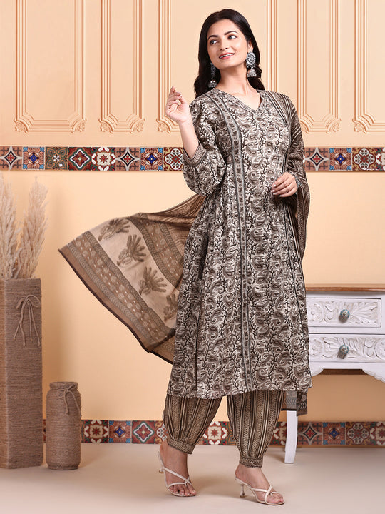 Kalamkari Printed Kurta with Trouser & Dupatta