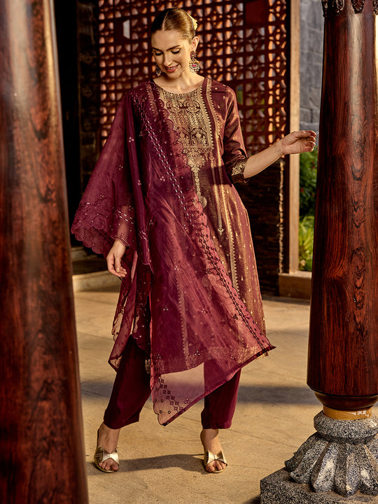 Floral woven deisgn Regular Thread Work Straight Kurta with Trousers & Dupatta