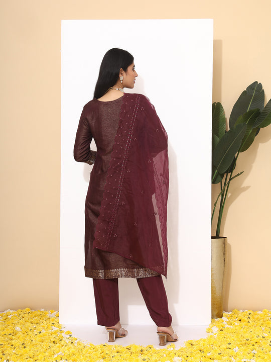 Floral woven deisgn Regular Thread Work Straight Kurta with Trousers & Dupatta