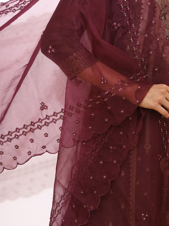 Floral woven deisgn Regular Thread Work Straight Kurta with Trousers & Dupatta