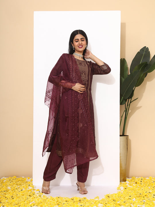 Floral woven deisgn Regular Thread Work Straight Kurta with Trousers & Dupatta
