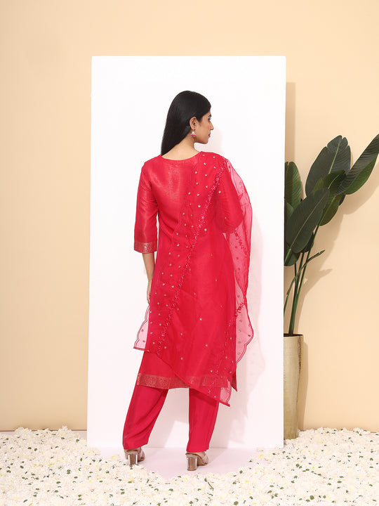 Ethnic Motifs woven design round Neck Three-Quarter Sleeves Kurta Set